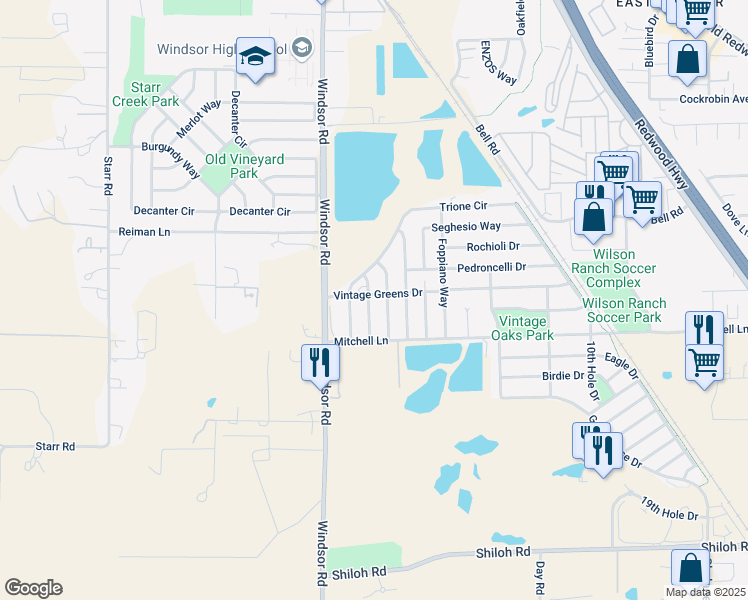 map of restaurants, bars, coffee shops, grocery stores, and more near 8154 Luisa Way in Windsor