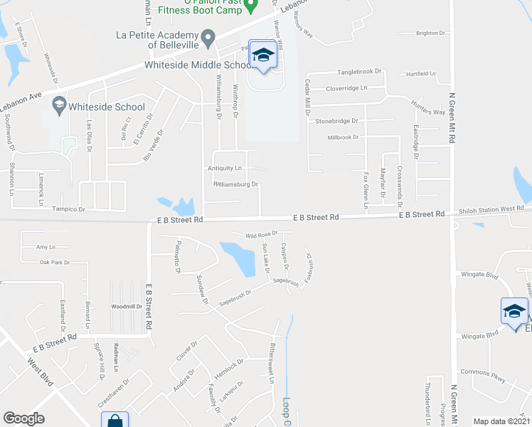 map of restaurants, bars, coffee shops, grocery stores, and more near 534 Williamsburg Drive in Belleville