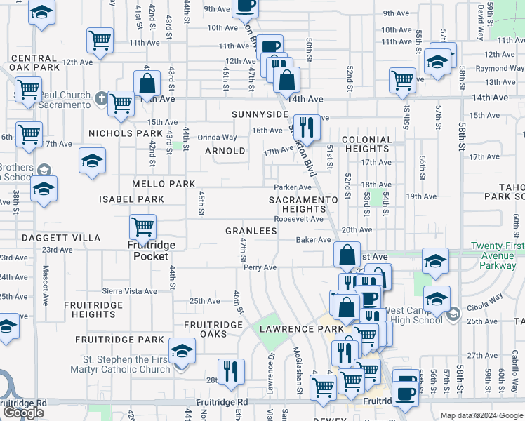 map of restaurants, bars, coffee shops, grocery stores, and more near 4732 Roosevelt Avenue in Sacramento