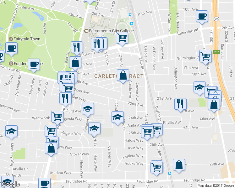 map of restaurants, bars, coffee shops, grocery stores, and more near 2305 22nd Avenue in Sacramento