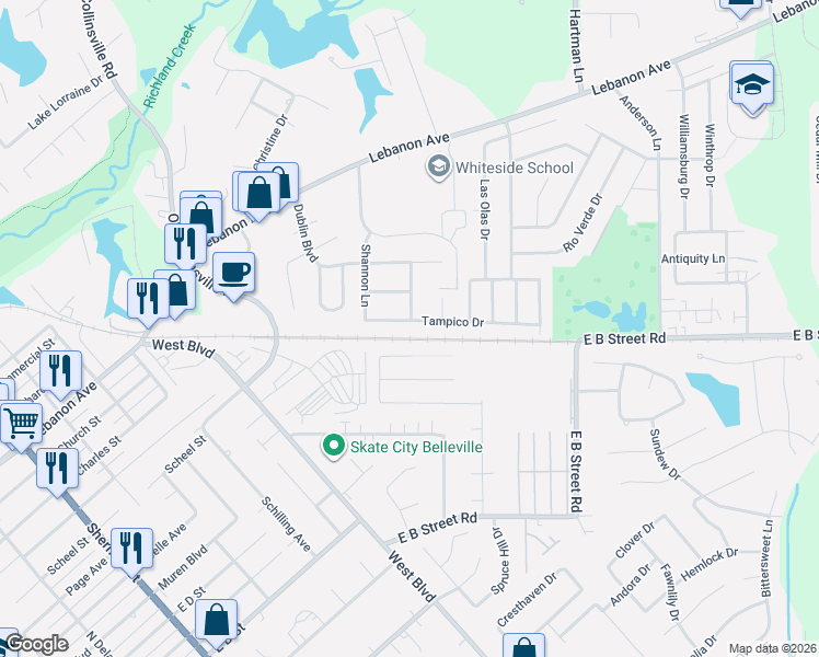 map of restaurants, bars, coffee shops, grocery stores, and more near 2521 Burr Oak Lane in Belleville