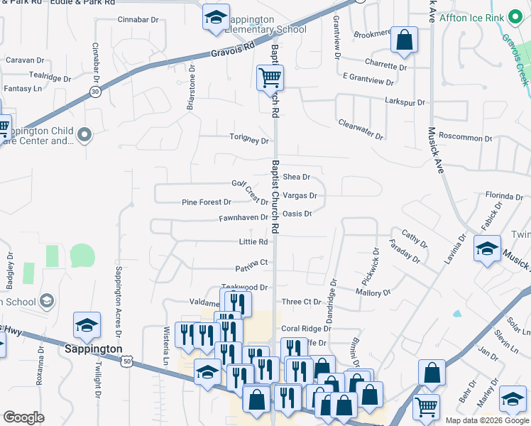 map of restaurants, bars, coffee shops, grocery stores, and more near 10080 Ella Mary Court in Sappington