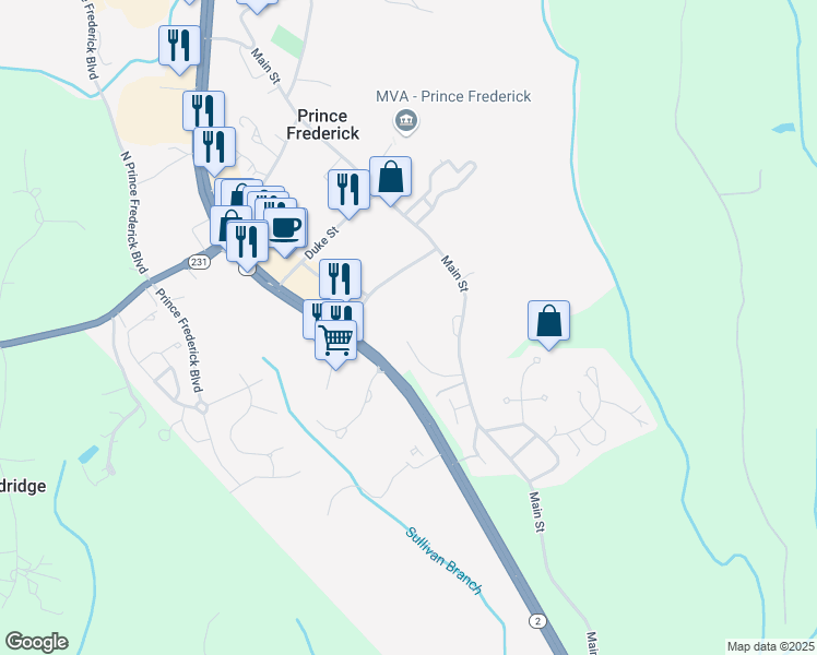 map of restaurants, bars, coffee shops, grocery stores, and more near 512 Falcon Place in Prince Frederick