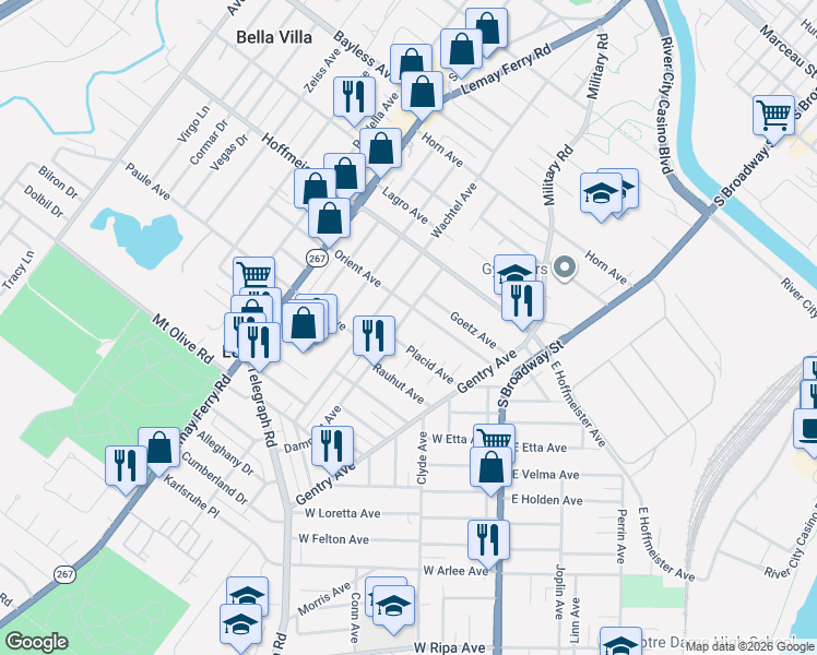 map of restaurants, bars, coffee shops, grocery stores, and more near 353 Placid Avenue in St. Louis