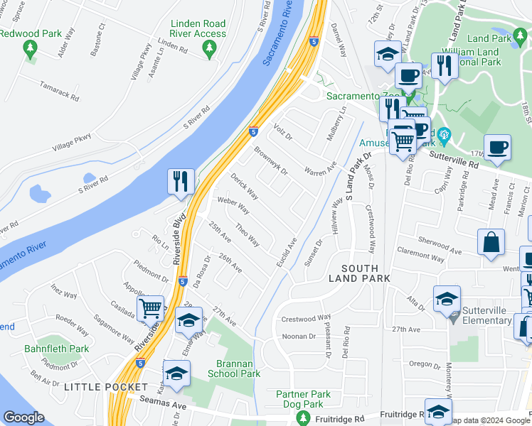 map of restaurants, bars, coffee shops, grocery stores, and more near 1152 Derick Way in Sacramento