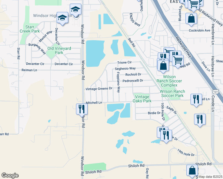 map of restaurants, bars, coffee shops, grocery stores, and more near 7825 Carano Way in Windsor
