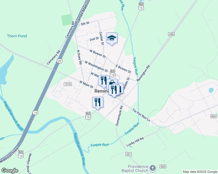 map of restaurants, bars, coffee shops, grocery stores, and more near 101 East Madison Street in Remington
