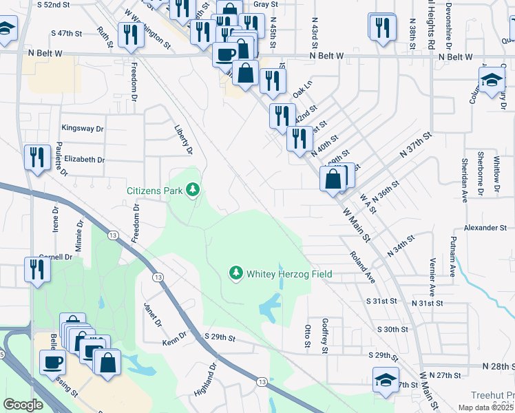 map of restaurants, bars, coffee shops, grocery stores, and more near 512 South 44th Street in Belleville
