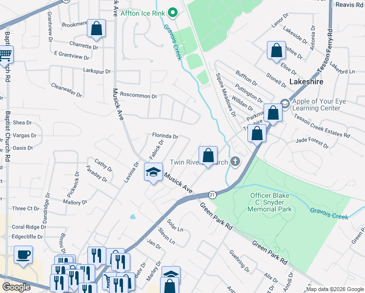map of restaurants, bars, coffee shops, grocery stores, and more near 10539 Sonata Drive in St. Louis