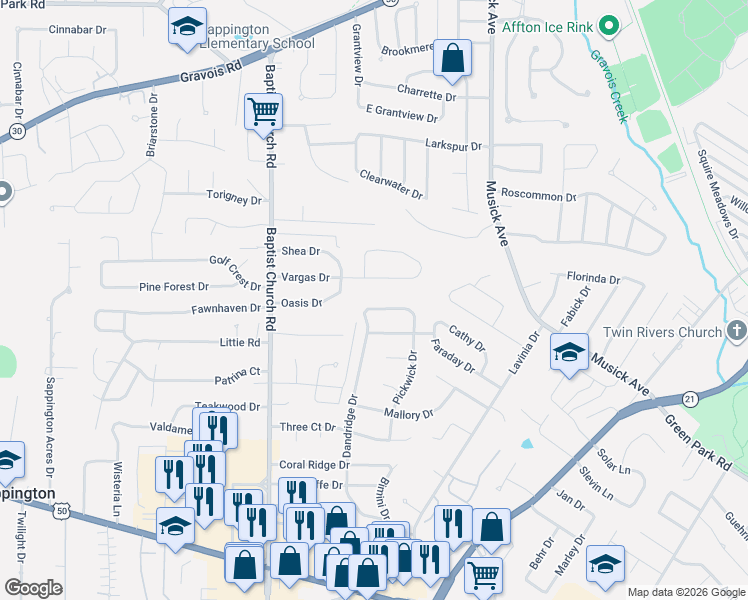 map of restaurants, bars, coffee shops, grocery stores, and more near 10110 Dandridge Drive in St. Louis