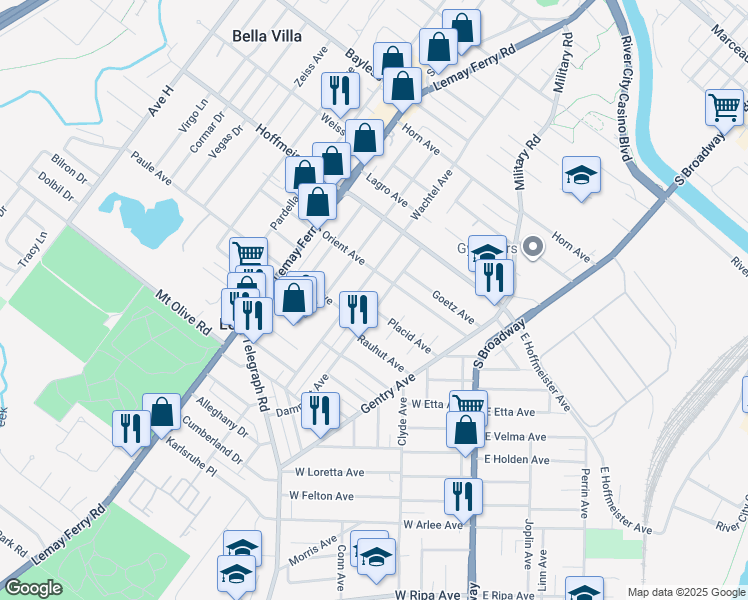 map of restaurants, bars, coffee shops, grocery stores, and more near 963 Dammert Avenue in St. Louis