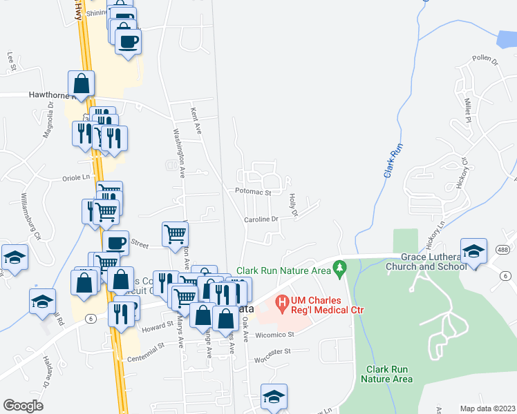 map of restaurants, bars, coffee shops, grocery stores, and more near 310 Goose Creek Drive in La Plata