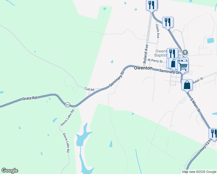 map of restaurants, bars, coffee shops, grocery stores, and more near Highway 22 in Owenton