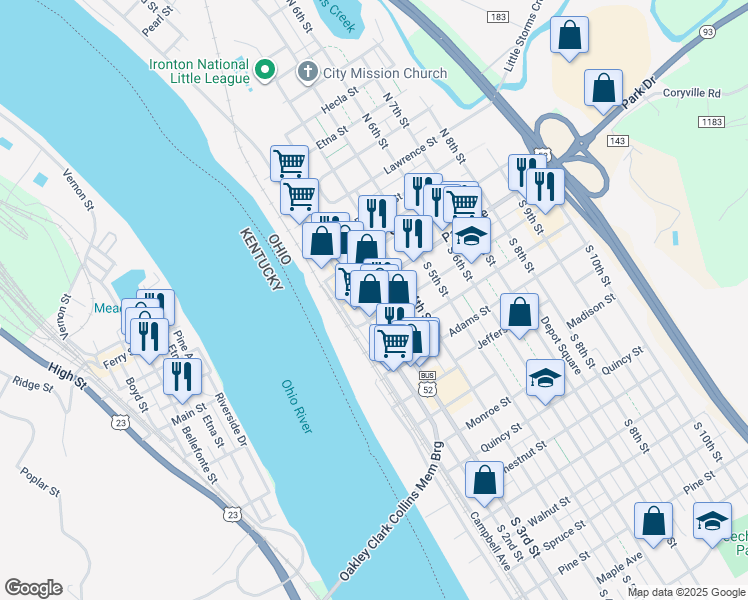 map of restaurants, bars, coffee shops, grocery stores, and more near 222 South 3rd Street in Ironton
