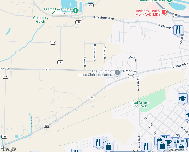 map of restaurants, bars, coffee shops, grocery stores, and more near 7680 County Road 140 in Salida