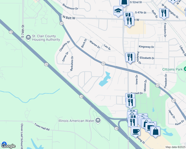 map of restaurants, bars, coffee shops, grocery stores, and more near 205 Warrensburg Drive in Belleville