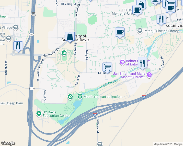 map of restaurants, bars, coffee shops, grocery stores, and more near 637 La Rue Road in Davis