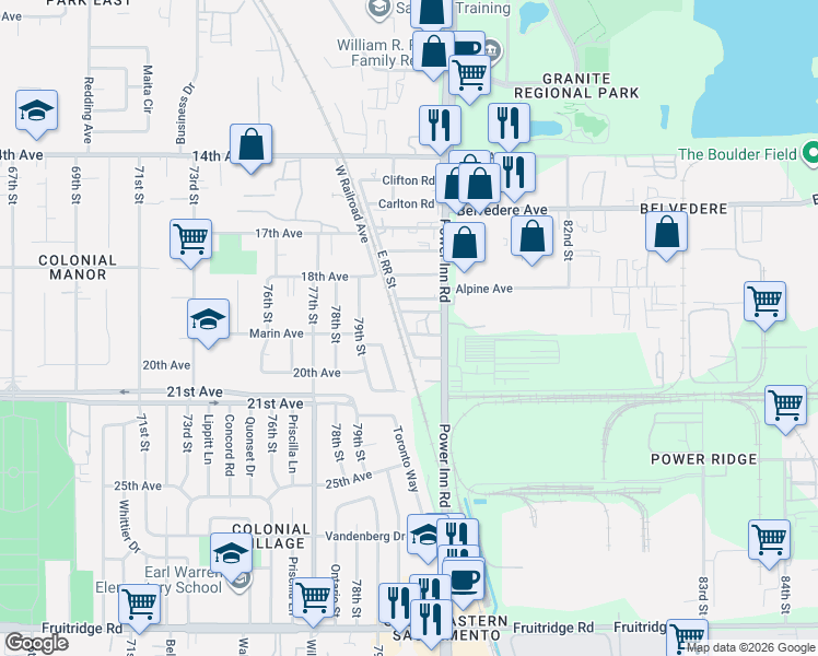 map of restaurants, bars, coffee shops, grocery stores, and more near 4410 Power Inn Road in Sacramento