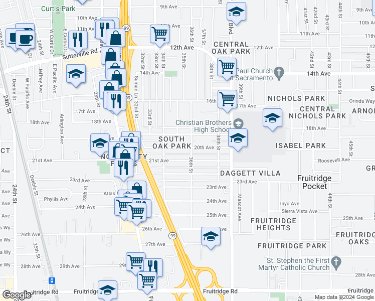 map of restaurants, bars, coffee shops, grocery stores, and more near 4406 36th Street in Sacramento