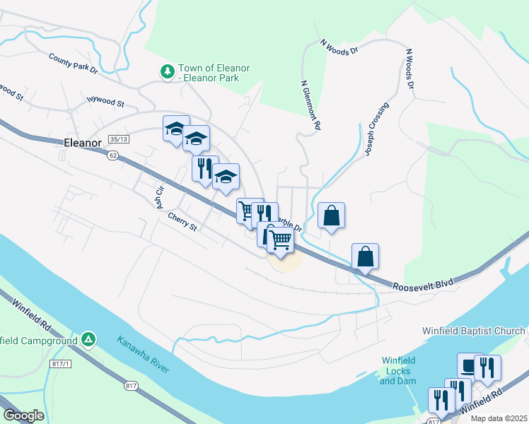 map of restaurants, bars, coffee shops, grocery stores, and more near 110 East Fir Street in Red House