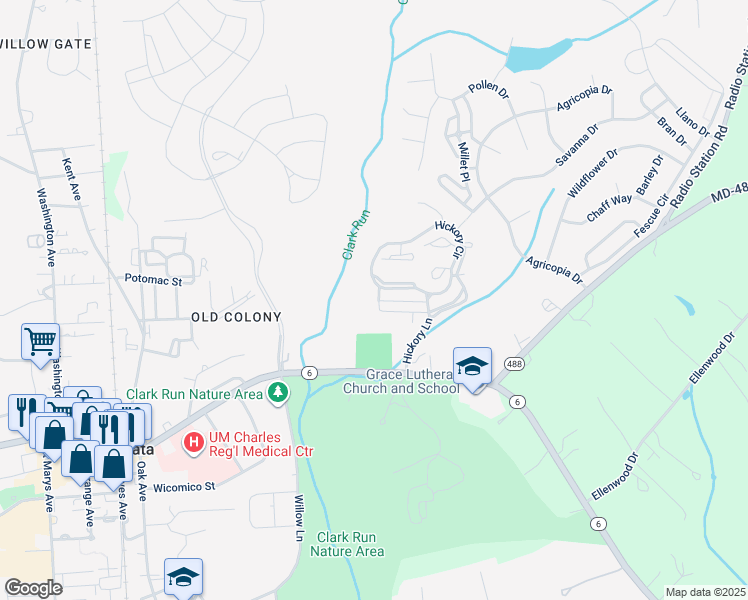 map of restaurants, bars, coffee shops, grocery stores, and more near 107 Burning Bush Place in La Plata
