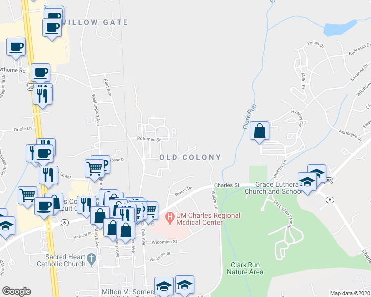 map of restaurants, bars, coffee shops, grocery stores, and more near 902 Sycamore Lane in La Plata