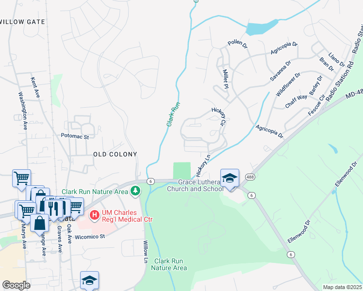 map of restaurants, bars, coffee shops, grocery stores, and more near 107 Burning Bush Place in La Plata