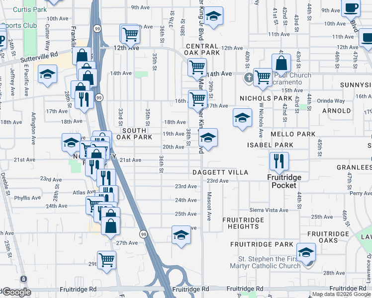 map of restaurants, bars, coffee shops, grocery stores, and more near 3814 19th Avenue in Sacramento
