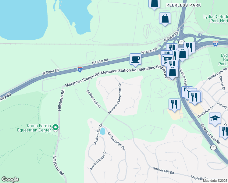 map of restaurants, bars, coffee shops, grocery stores, and more near 2114 Meramec Ridge Court in Fenton