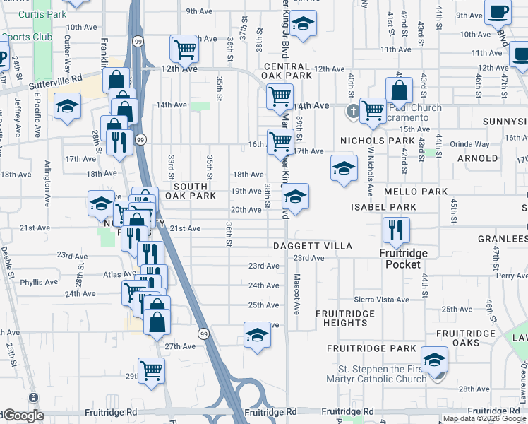 map of restaurants, bars, coffee shops, grocery stores, and more near 3814 19th Avenue in Sacramento