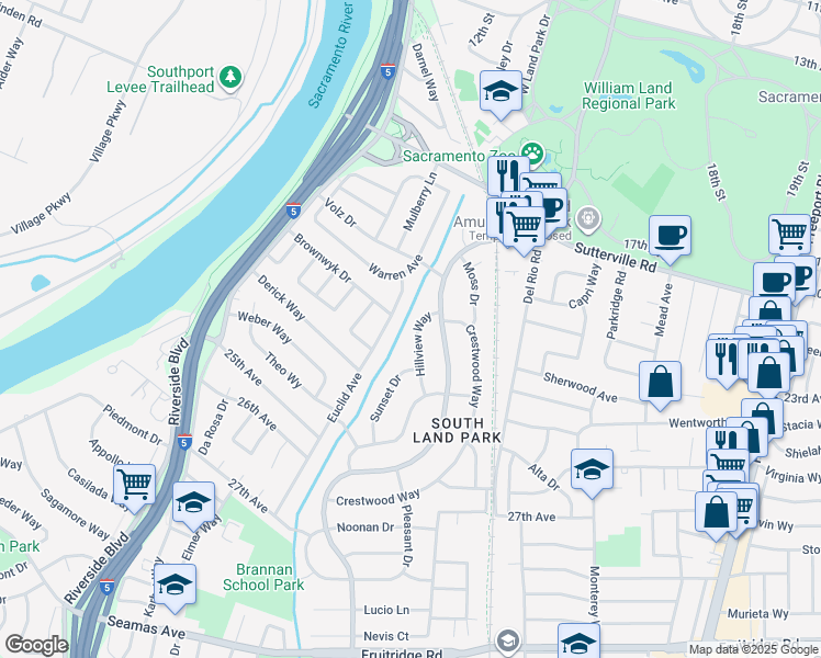 map of restaurants, bars, coffee shops, grocery stores, and more near 4271 Euclid Avenue in Sacramento
