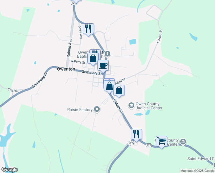 map of restaurants, bars, coffee shops, grocery stores, and more near 308 East Adair Street in Owenton