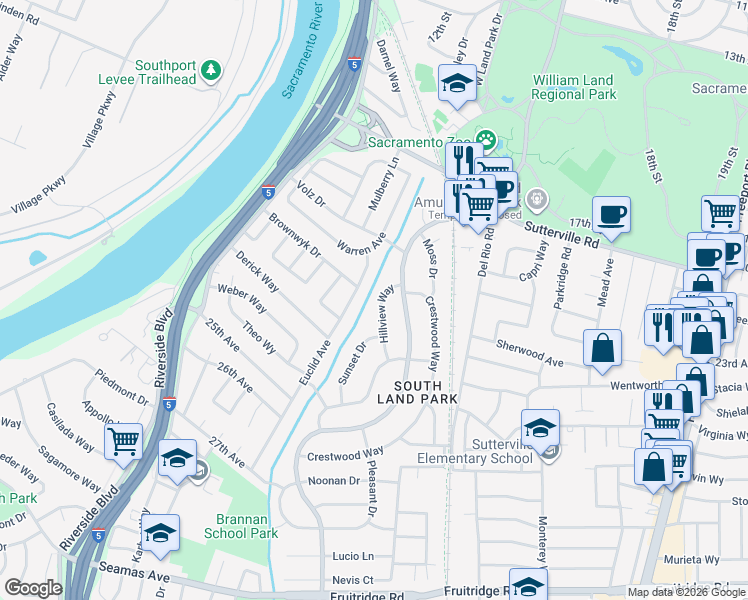 map of restaurants, bars, coffee shops, grocery stores, and more near 4271 Euclid Avenue in Sacramento