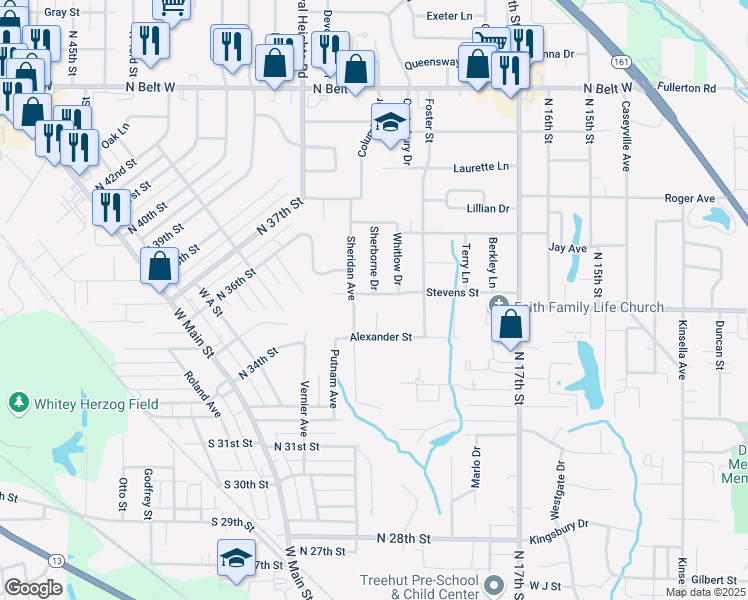 map of restaurants, bars, coffee shops, grocery stores, and more near 1900 Stevens Street in Belleville