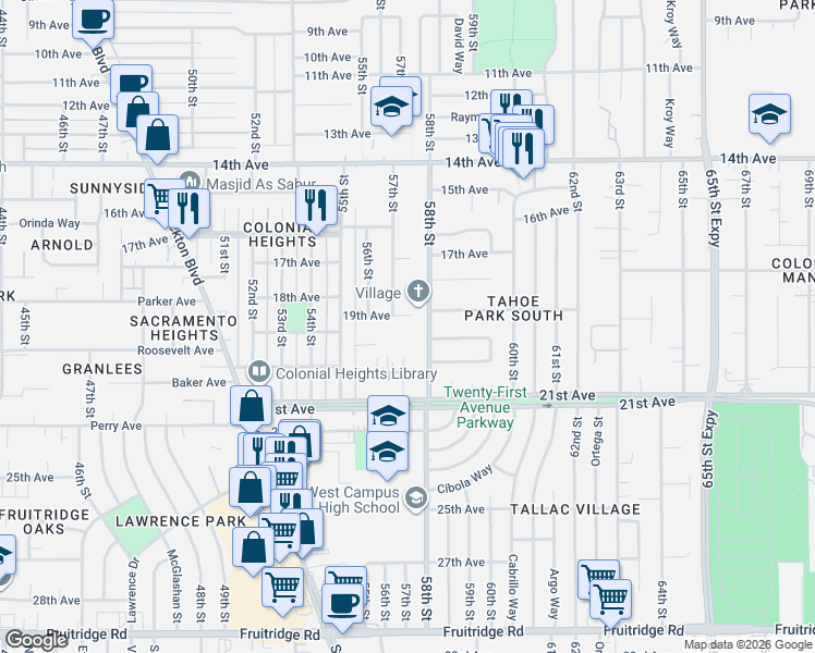 map of restaurants, bars, coffee shops, grocery stores, and more near 5701 19th Avenue in Sacramento