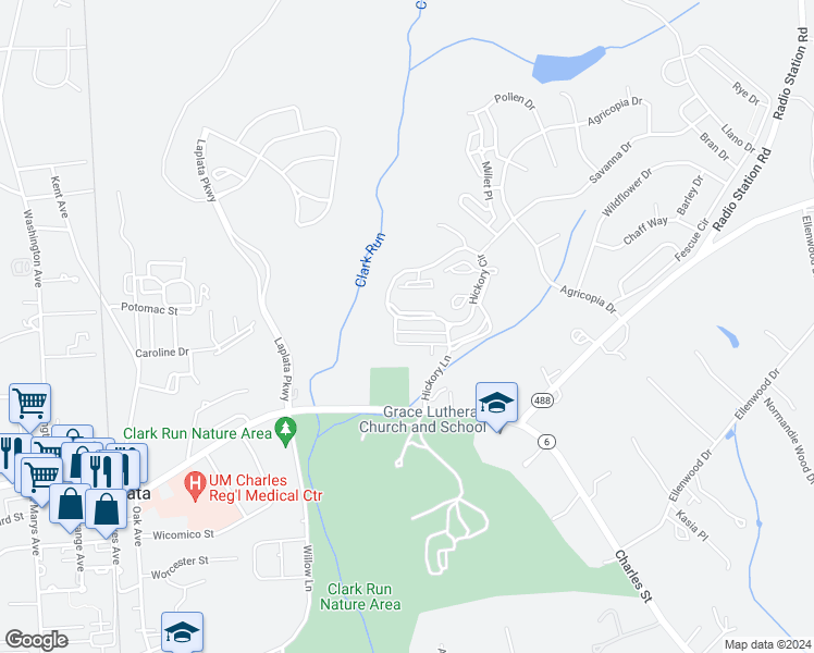 map of restaurants, bars, coffee shops, grocery stores, and more near 905 Hickory Circle in La Plata