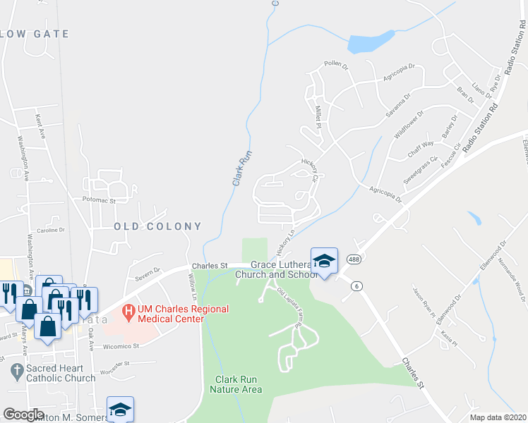map of restaurants, bars, coffee shops, grocery stores, and more near 905 Hickory Circle in La Plata