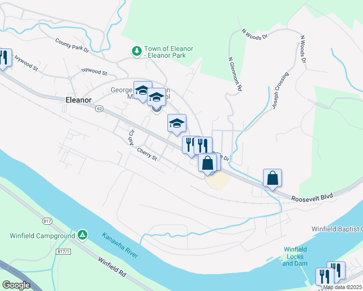 map of restaurants, bars, coffee shops, grocery stores, and more near 101 Roosevelt Boulevard in Eleanor