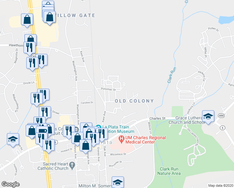 map of restaurants, bars, coffee shops, grocery stores, and more near 312 Jennie Run Drive in La Plata