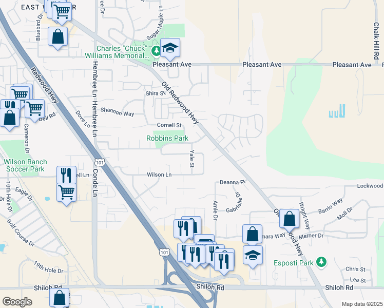 map of restaurants, bars, coffee shops, grocery stores, and more near Dartmouth Way & Yale St in Windsor