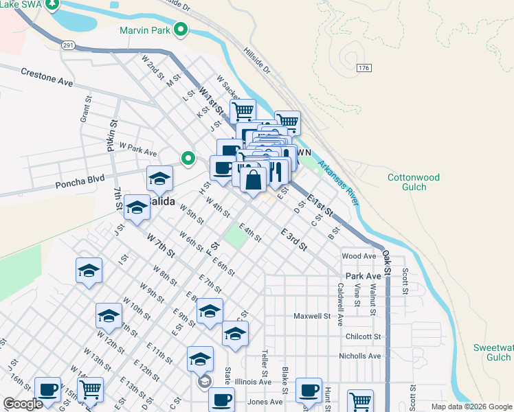 map of restaurants, bars, coffee shops, grocery stores, and more near 211 F Street in Salida