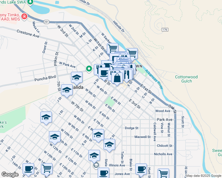 map of restaurants, bars, coffee shops, grocery stores, and more near 315 G Street in Salida
