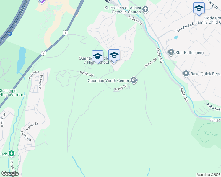 map of restaurants, bars, coffee shops, grocery stores, and more near Purvis Road in Quantico