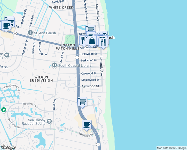 map of restaurants, bars, coffee shops, grocery stores, and more near 118 Oakwood Street in Bethany Beach