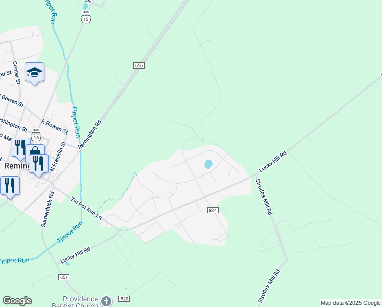 map of restaurants, bars, coffee shops, grocery stores, and more near 7030 Justin Court East in Remington