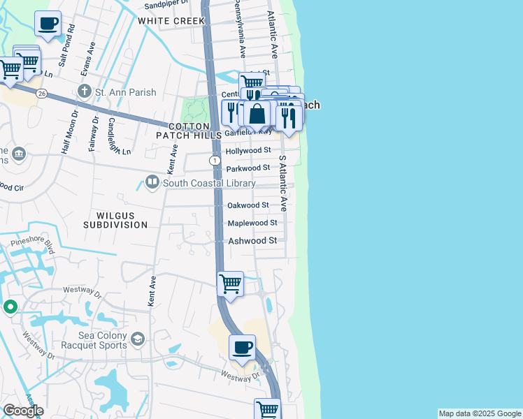 map of restaurants, bars, coffee shops, grocery stores, and more near 118 Oakwood Street in Bethany Beach