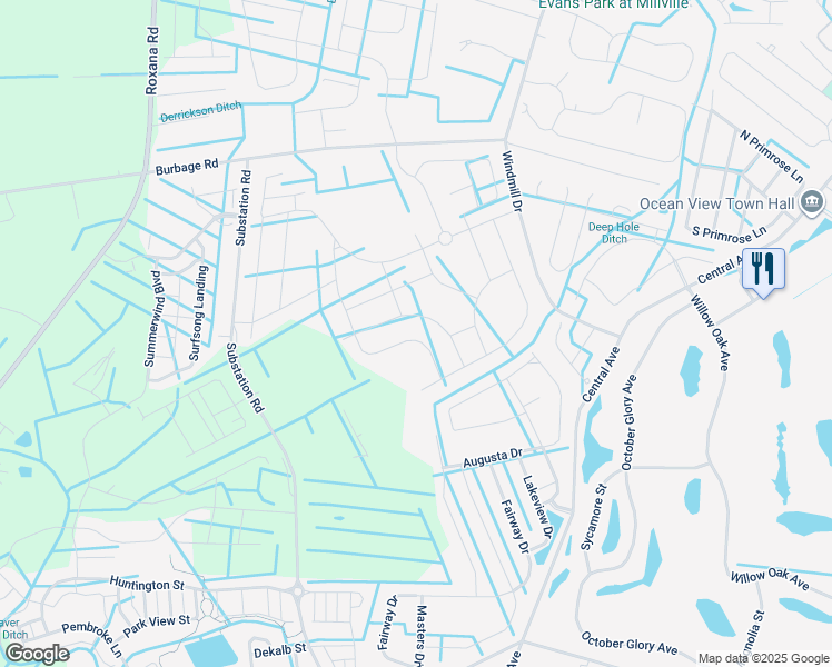 map of restaurants, bars, coffee shops, grocery stores, and more near 16858 Bellevue Court in Millville