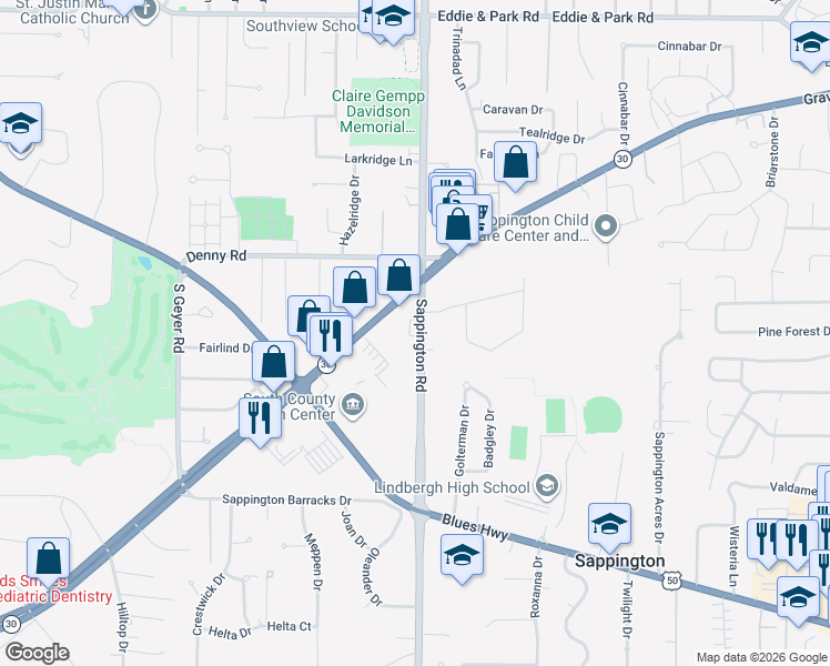 map of restaurants, bars, coffee shops, grocery stores, and more near 11634 Gravois Road in St. Louis