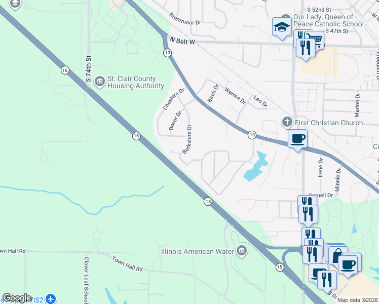 map of restaurants, bars, coffee shops, grocery stores, and more near 100 Berkshire Drive in Belleville