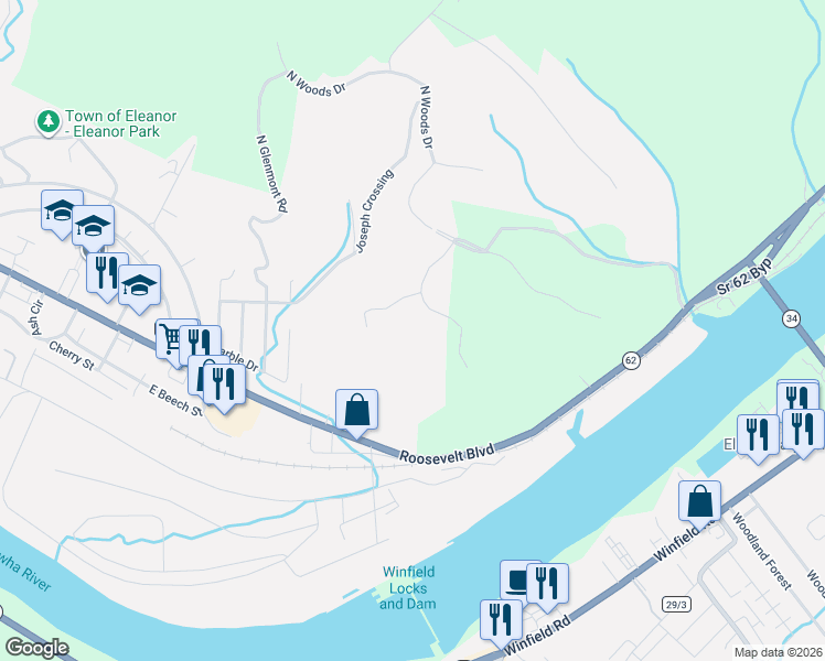 map of restaurants, bars, coffee shops, grocery stores, and more near 304 River Pointe Drive in Red House